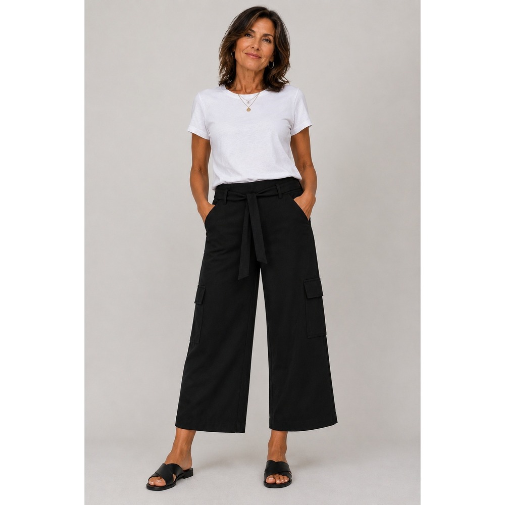 Rachel Zoe Black Cargo Crop Pants XL Tie Waist‎ Wide Leg Stretch Travel Pull On